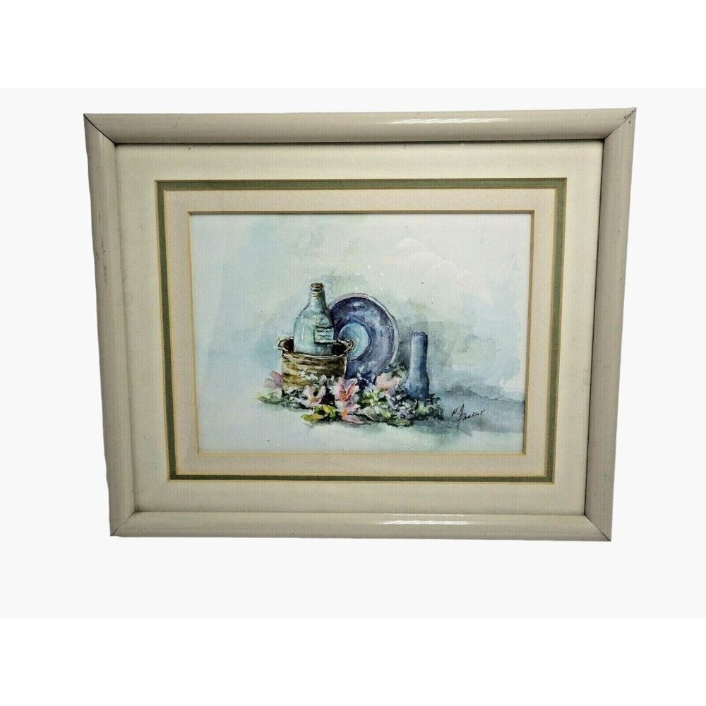 N J Parker Watercolor Print Signed Framed Matted Floral Wine Bucket Pastel